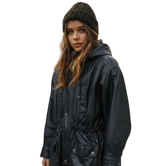 Vintage Comint Black Heavyweight Hooded Leather Coat Drawstring Waist M - Picture 1 of 9